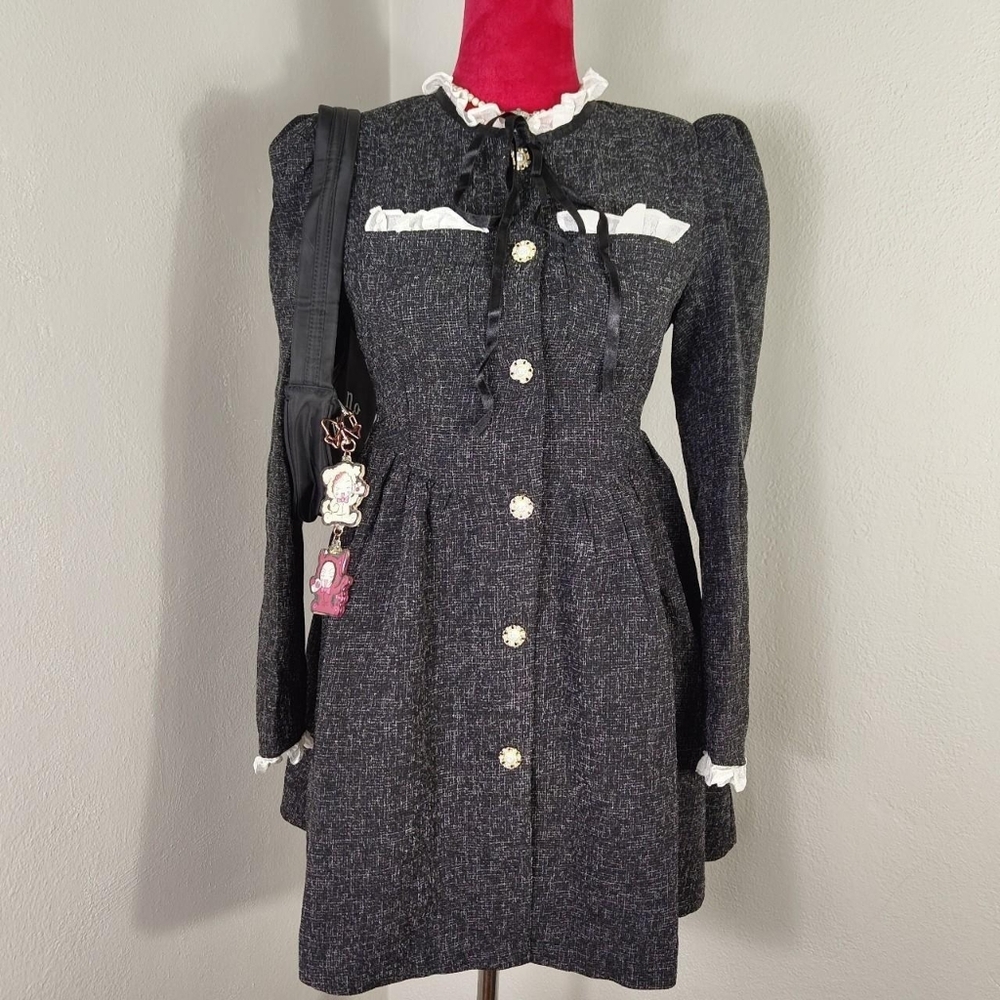 Tweed Gray Button Long-sleeve Front Dress Dollcore Lolita OS
